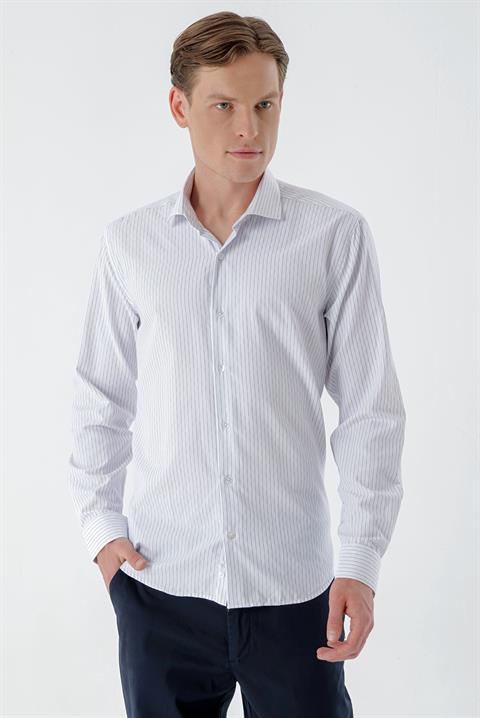 Мужская белая рубашка с узором в полоску, итальянский воротник, slim fit, 55% хлопок, 45% полиэстер, длинный рукав, без карманов