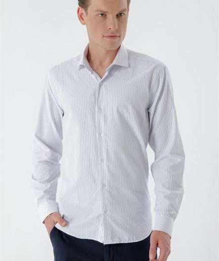 Мужская белая рубашка с узором в полоску, итальянский воротник, slim fit, 55% хлопок, 45% полиэстер, длинный рукав, без карманов