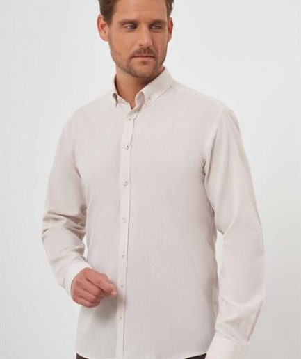 Мужская бежевая льняная рубашка на пуговицах, Slim Fit, 70% хлопок, 30% лен, без карманов, длинный рукав