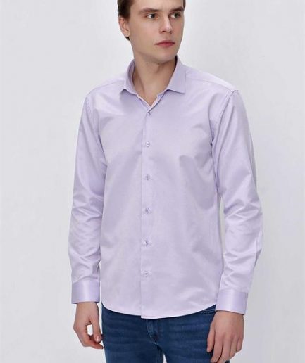 Мужская лиловая рубашка Slim Fit с жаккардовым узором, %60 хлопок %40 полиэстер, длинный рукав, без карманов, пуговичная застежка