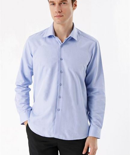 Мужская синяя рубашка slim fit с прямым воротником и длинным рукавом без карманов