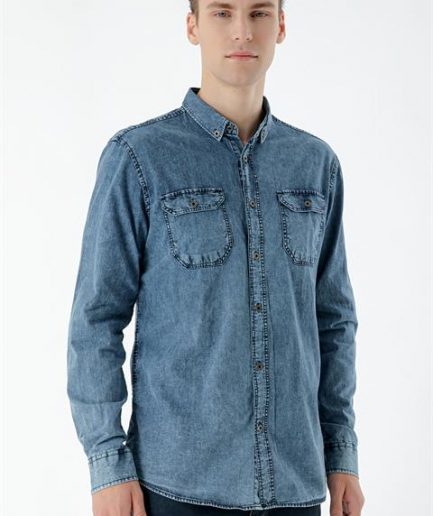 Мужская oversize рубашка из денима Morven, голубая, 60% хлопка, 40% полиэстера, длинный рукав, классическая посадка, без карманов, без подкладки