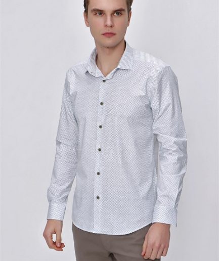 Мужская зелёная рубашка из микролайкры с принтом Slim Fit без карманов и застёжкой на пуговицах