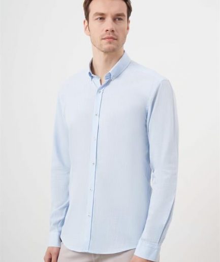 Мужская рубашка Slim Fit с голубой клеткой, 100% хлопок, с воротником на пуговицах, без карманов, длинный рукав
