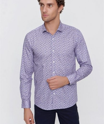 Мужская розовая хлопковая рубашка с принтом Slim Fit без карманов и пуговицами