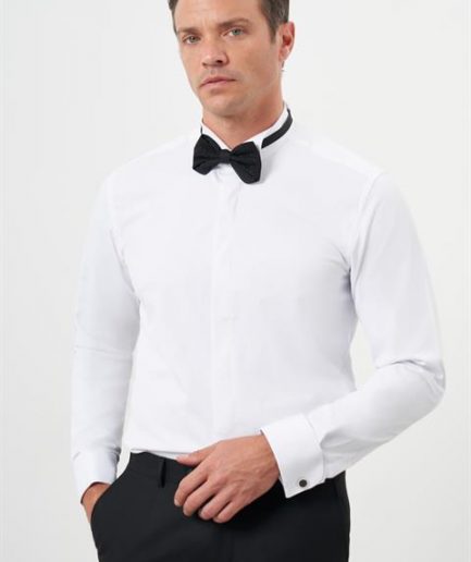 Мужская белая рубашка с воротником-стоечкой, Slim Fit, 57% хлопка, длинный рукав, кнопочная застежка, стильный и удобный
