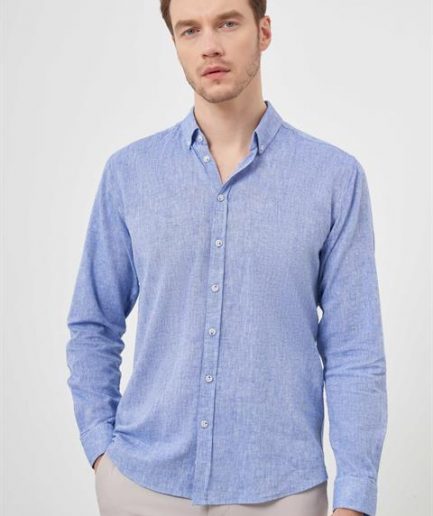 Мужская темно-синяя льняная рубашка slim fit с кнопками и без карманов, 70% хлопок, 30% лен, длинные рукава