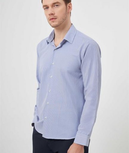 Мужская голубая сорочка slim fit с полоской и жестким воротником из 56% хлопка и 44% полиэстера, длинный рукав, размеры S-XXL