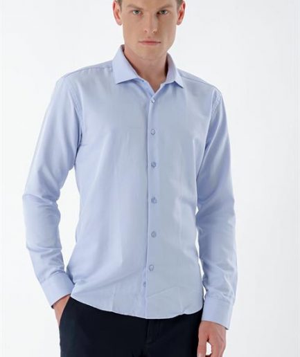 Мужская синяя рубашка с узором Slim Fit, итальянский воротник, 60% хлопок, 40% полиэстер, без карманов, длинный рукав