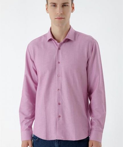 Мужская розовая рубашка Morven Slim Fit с итальянским воротником, без карманов, из 60% хлопка и 40% полиэстера, длинный рукав