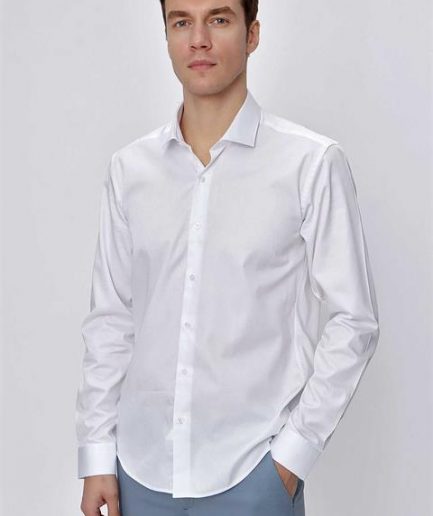 Мужская белая сорочка «Slim Fit» из 100% хлопка, без карманов, с длинными рукавами и пуговицами
