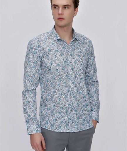 Мужская синяя хлопковая рубашка Slim Fit с принтом, без карманов, с длинным рукавом, на пуговицах, 100% хлопок
