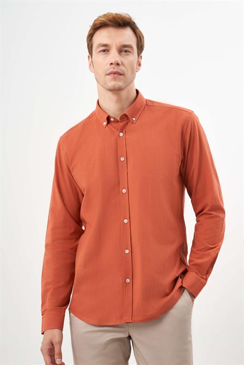 Мужская сорочка slim fit с кнопочной застежкой и клетчатым рисунком из 100% хлопка, цвет кирпич, длинный рукав, доступные размеры XL, L, XXL