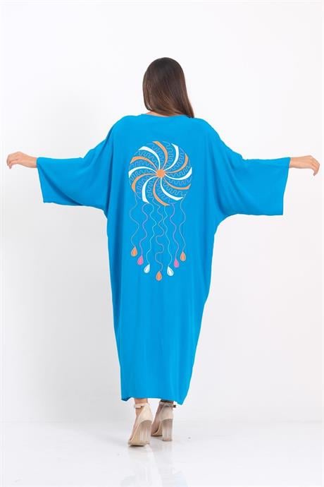 Модная длинная одежда Markano с V-образным вырезом, вышивкой и кисточками, стандартный размер, 100% вискоза, длина 140 см, цвет синий