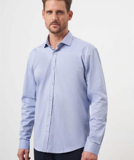 Мужская синяя хлопковая рубашка с узором и итальянским воротником Slim Fit