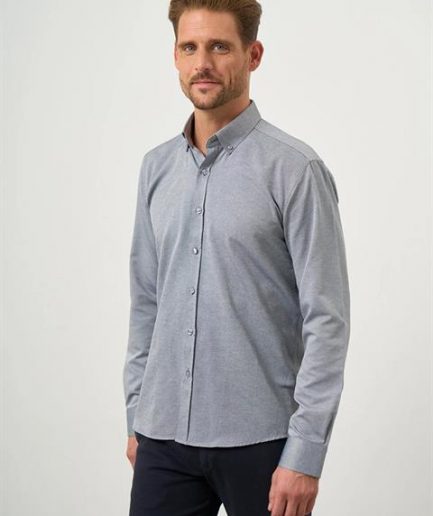 Рубашка с пуговчатым воротником, легкая в глажке, хлопковая, Slim Fit, цвет серый, без карманов, для мужчин