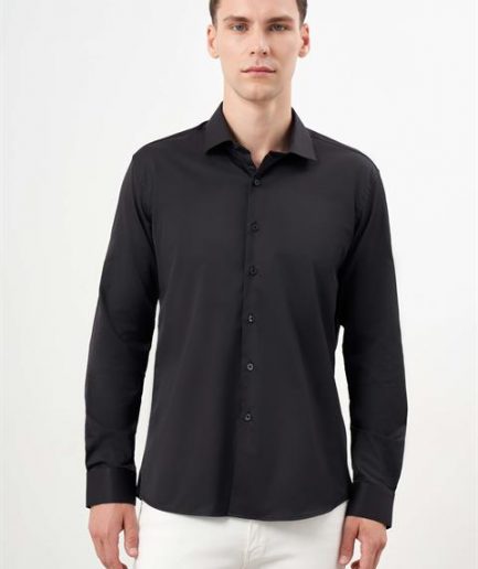 Мужская черная базовая классическая рубашка Slim Fit с итальянским воротником