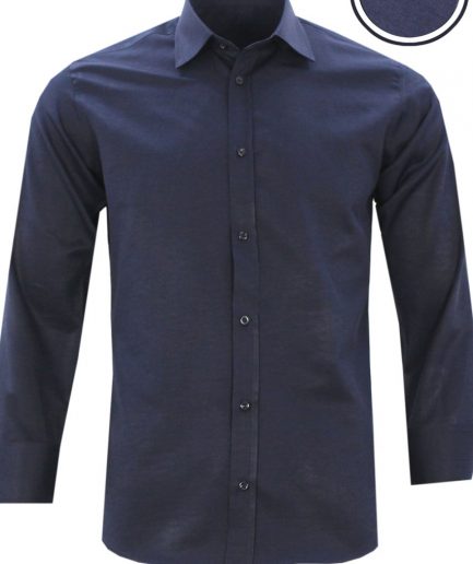 Мужская темно-синяя рубашка slim fit с длинным рукавом без карманов, 67% хлопок, 33% полиэстер, подходит для стильного образа