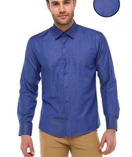 Мужская темно-синяя прямая slim fit рубашка с длинным рукавом и одним карманом