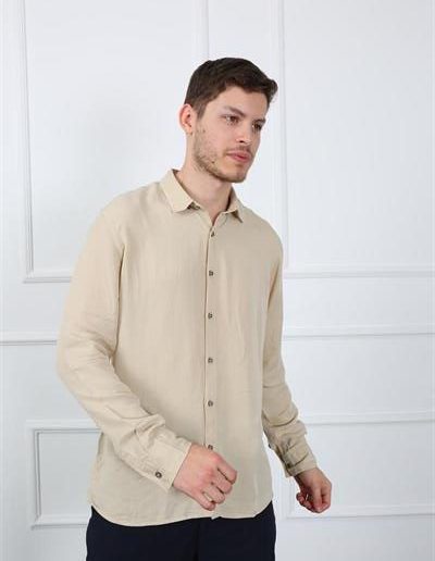 Мужская рубашка slim fit бежевого цвета из 100% хлопка, размеры: S, M, L, XL, XXL