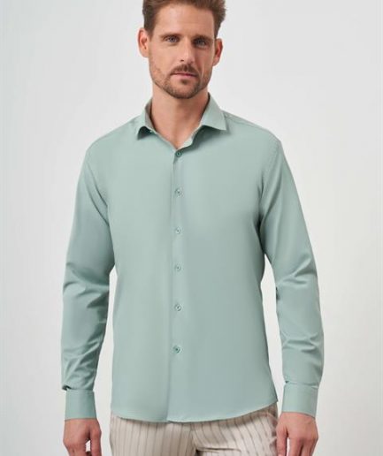 Мужская однотонная рубашка цвета морской волны с итальянским воротником, slim fit, без карманов, длинный рукав, из полиэстера и вискозы