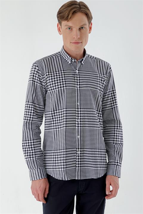 Мужская темно-синяя хлопковая рубашка с принтом в стиле Slim Fit без карманов