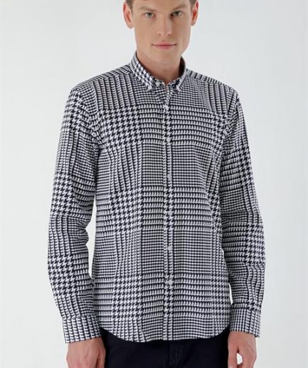 Мужская темно-синяя хлопковая рубашка с принтом в стиле Slim Fit без карманов