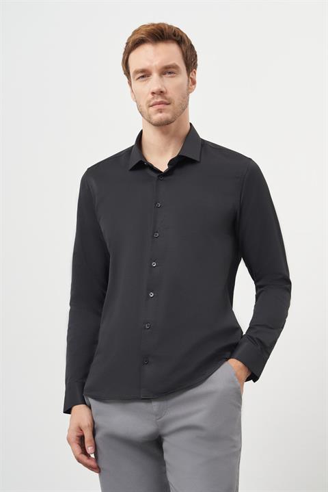 Мужская черная базовая рубашка Slim Fit с итальянским воротником, 57% хлопок, 40% полиэстер, 3% эластан, без карманов, на пуговицах