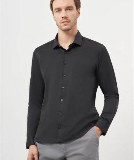 Мужская черная базовая рубашка Slim Fit с итальянским воротником, 57% хлопок, 40% полиэстер, 3% эластан, без карманов, на пуговицах
