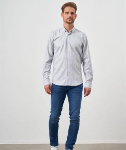 Мужская серая рубашка с принтом, пуговицами, slim fit, 100% хлопок, без карманов, длинный рукав, без подкладки, без разрезов
