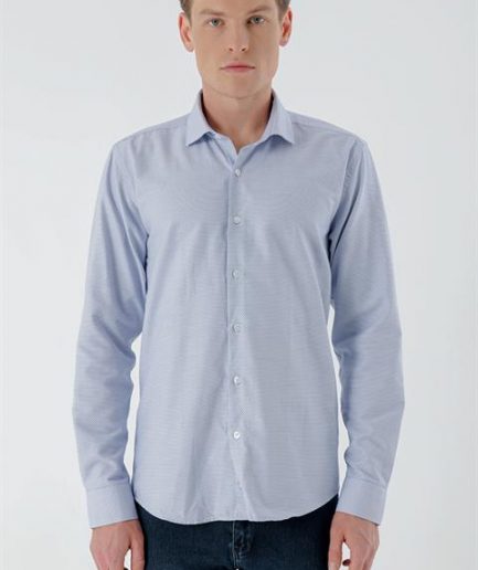 Мужская синяя стильная рубашка с итальянским воротником и принтом, Slim Fit, без карманов, 63% хлопка, 37% полиэстера, длинный рукав