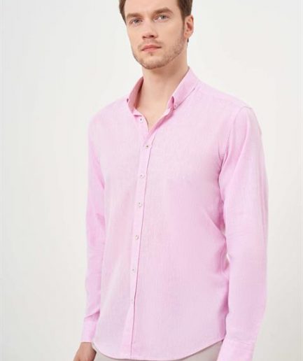 Розовая лёновая рубашка slim fit с пуговицами и без карманов для мужчин