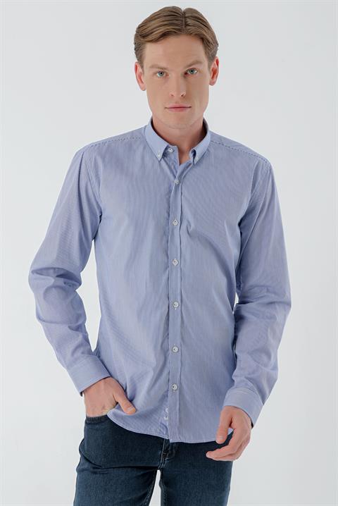 Мужская синяя полосатая рубашка slim fit с пуговицами из 100% хлопка без карманов и подкладки