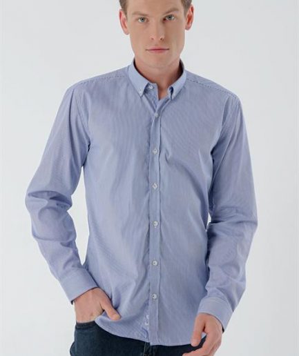 Мужская синяя полосатая рубашка slim fit с пуговицами из 100% хлопка без карманов и подкладки