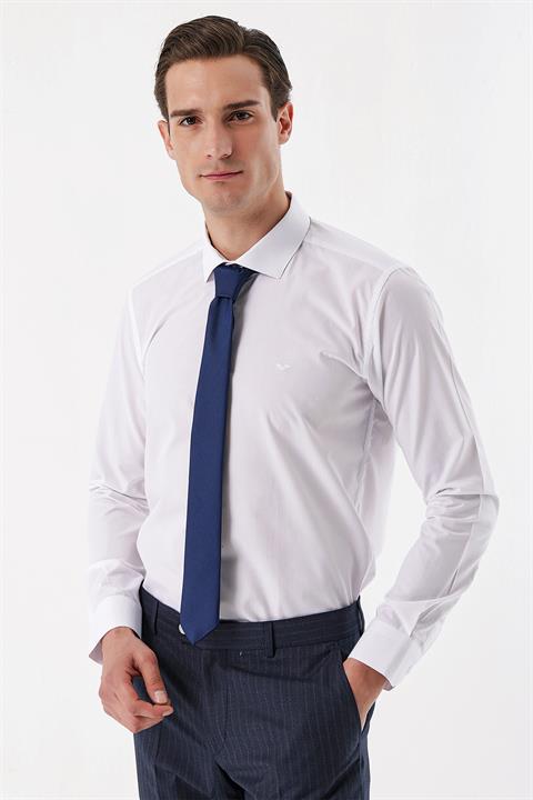 Мужская белая базовая рубашка Slim Fit без карманов из 65% хлопка и 35% полиэстера с длинными рукавами и пуговицей