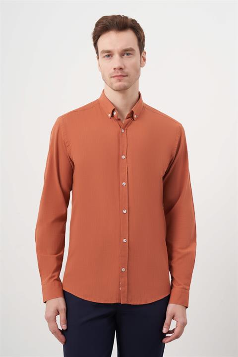 Мужская рубашка с кнопками, slim fit, 100% хлопок, клетчатая, без карманов, длинный рукав, оранжевая вишня