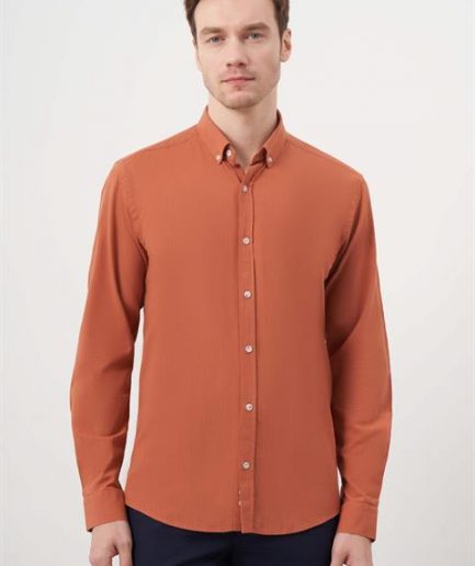 Мужская рубашка с кнопками, slim fit, 100% хлопок, клетчатая, без карманов, длинный рукав, оранжевая вишня