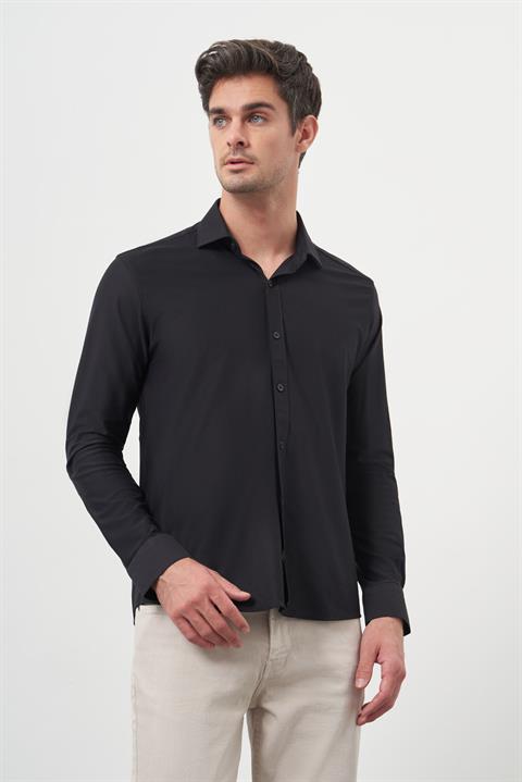 Мужская черная стильная рубашка с итальянским воротником Slim Fit