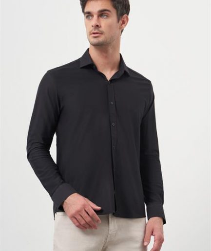 Мужская черная стильная рубашка с итальянским воротником Slim Fit