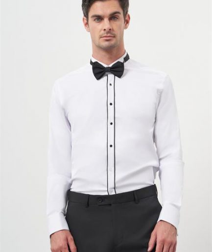 Мужская черная рубашка с воротником-стойкой Slim Fit без карманов из 57% хлопка, 40% полиэстера, 3% лайкры