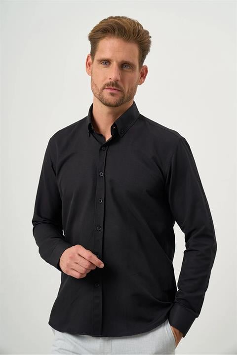 Рубашка с кнопочным воротником, легкая в глажке, slim fit, 60% хлопка, 40% полиэстера, черная, без карманов, для мужчин