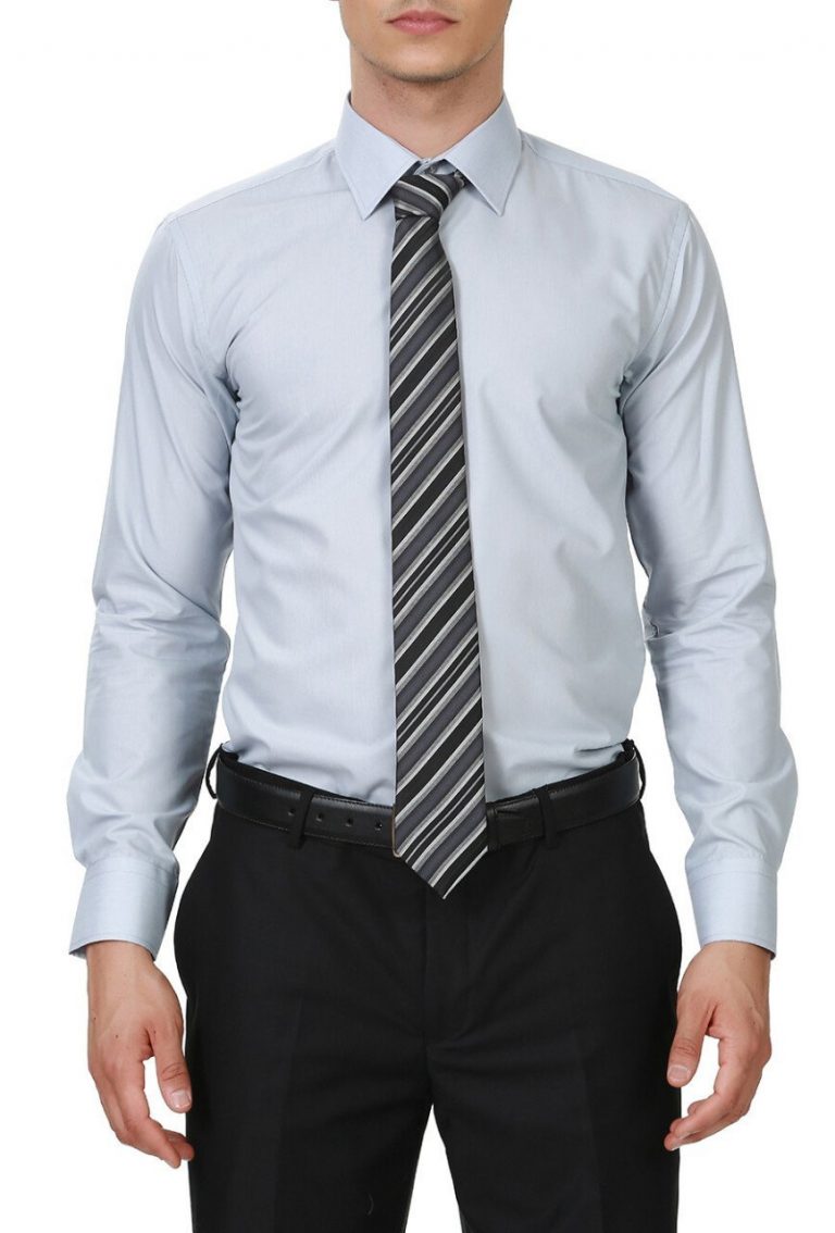 Мужская серая прямая рубашка с длинными рукавами Slim Fit с одним карманом