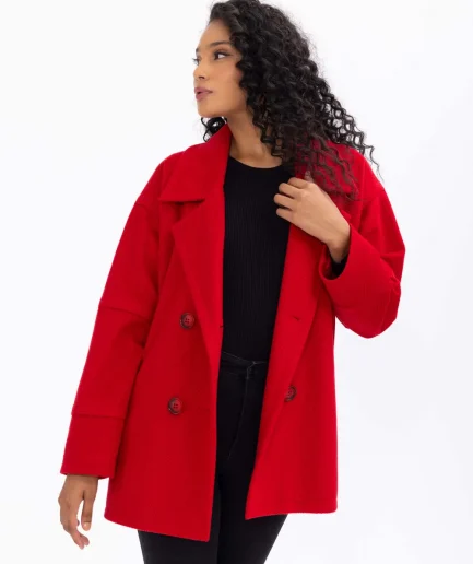 Короткое пальто с двубортным воротником и пуговицами, красное, с длинными рукавами, широким кроем и двойными карманами