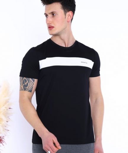 Мужская черная спортивная футболка slim fit с воротником-лодочкой, дышащая, из вискозы и хлопка, идеальна для спорта и повседневной носки