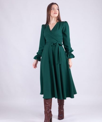 Миди платье с перекрестным воротником и длинными рукавами, ткань: хлопок- Polyester- Spandex, эластичные рукава, внешняя ширина 110-115 см