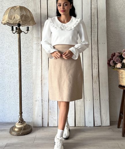 Бежевая короткая юбка из кашемира, узкая модель, 30% шерсть, длина 55-60 см, подходит для размеров 36-46