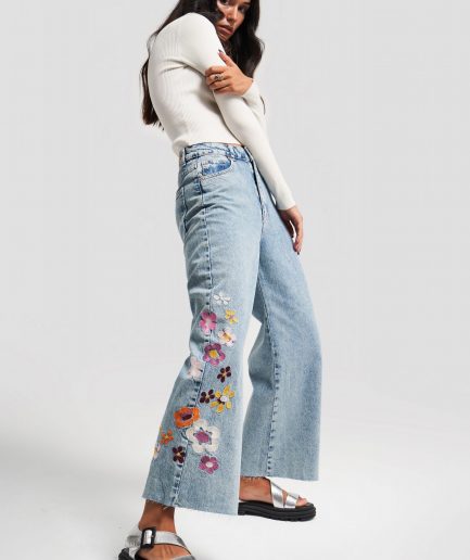 Женские джинсы Culotte Fit с цветочной вышивкой, цвет Snow Kot, 100% хлопок, стандартная длина для всех размеров