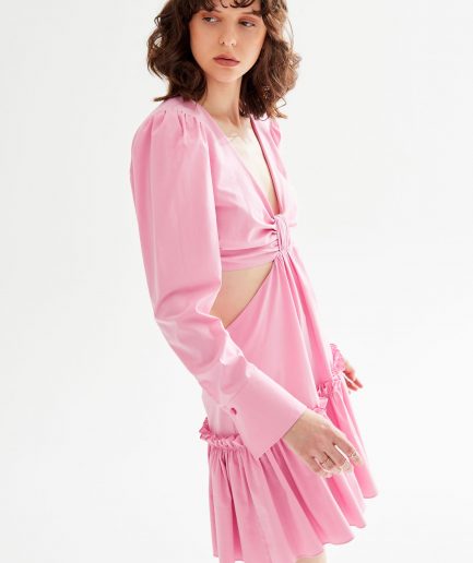 Мини-платье с узлом от Moda Tutkusu, р. 36, 44, 40, 42, 76% хлопок, стильное, повседневное, V-образный вырез, рюшами, для стирки в холодной воде
