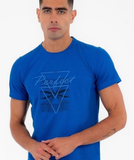 Мужская спортивная футболка Escetic синяя Slimfit из дышащего хлопка с округлым вырезом, идеальна для повседневного стиля и комфорта