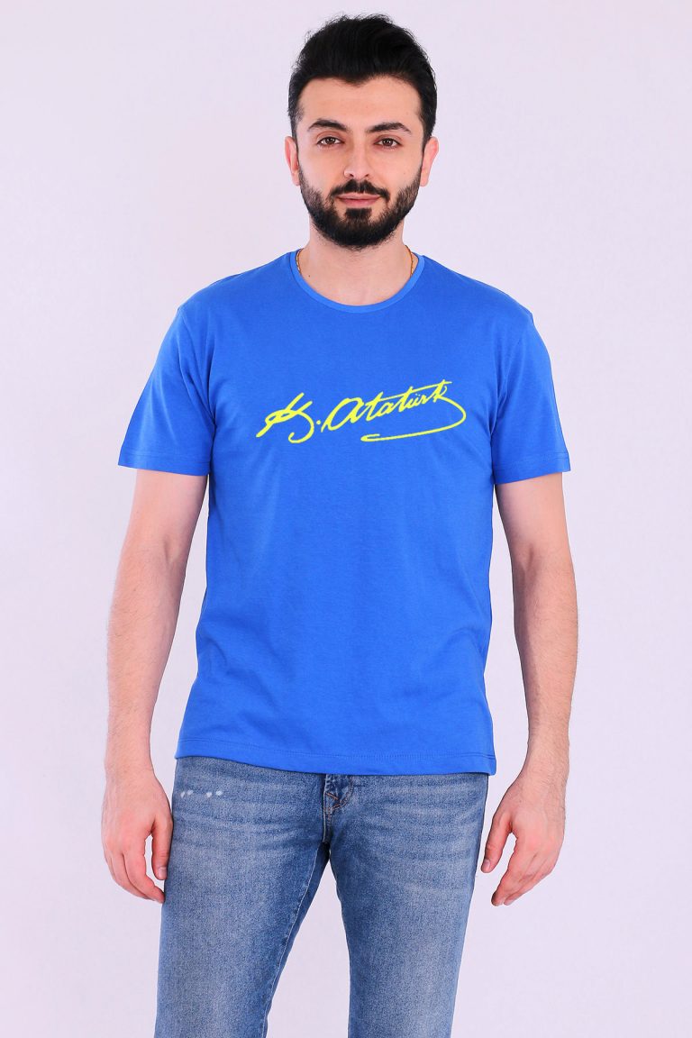 Мужская футболка Slim Fit с коротким рукавом, жёлто-синяя, с подписью Ататюрка, 100% органический хлопок, экосертификация, стильный дизайн